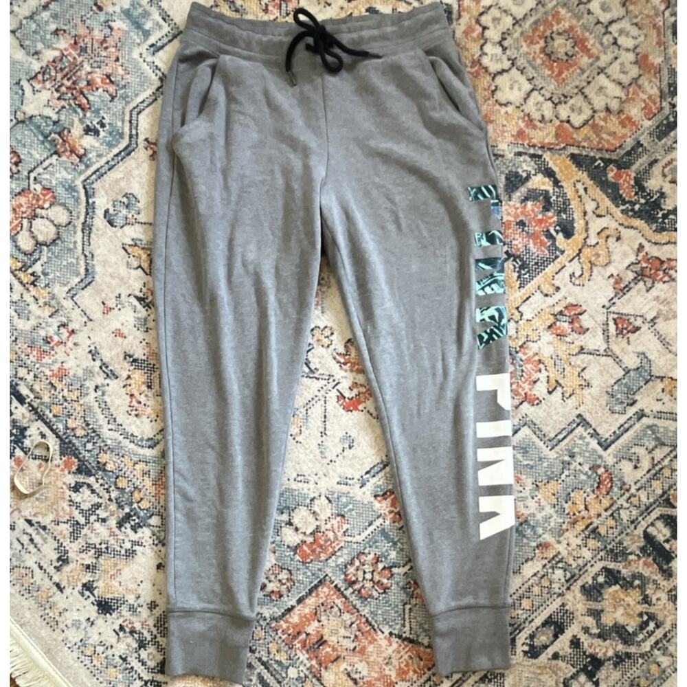 2015 PINK Women's Gray Jogger Pants Size M Drawstring Elastic Waist Pockets Logo